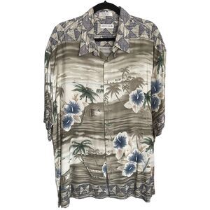 Vintage Pierre Cardin Rayon Hawaiian Shirt Grey Blue Island Beach Aloha XL
